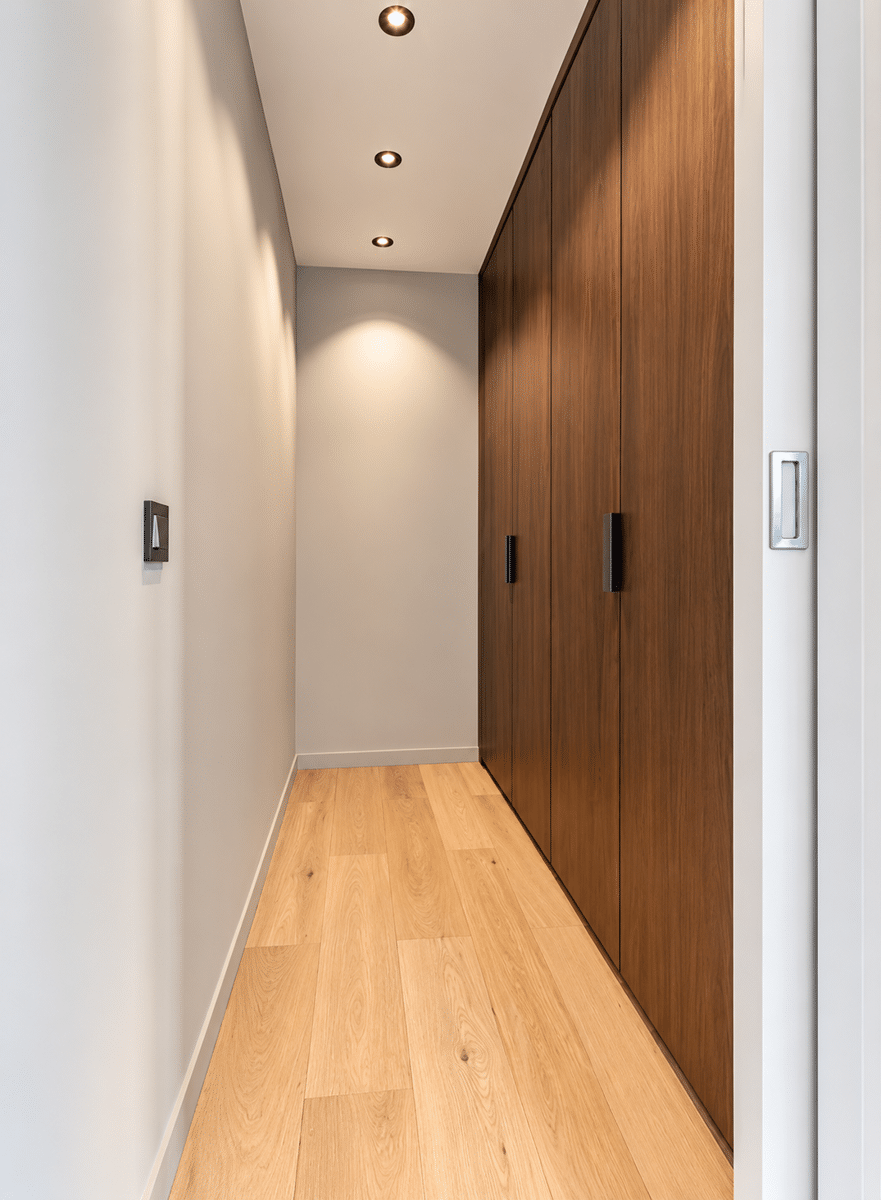 Dressing Moderne avec Placards en Bois – You Real Estate Agency Dressing moderne avec placards en bois dans un appartement contemporain.