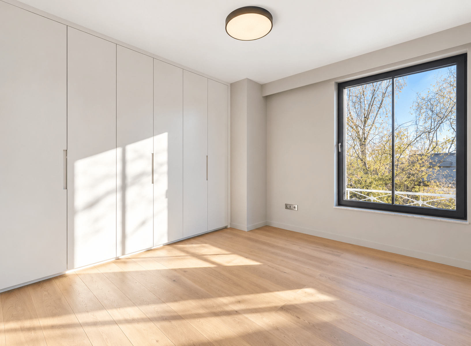 Chambre Lumineuse Avec Rangements – You Real Estate Agency Chambre moderne lumineuse avec placards intégrés, parquet clair et grande fenêtre.