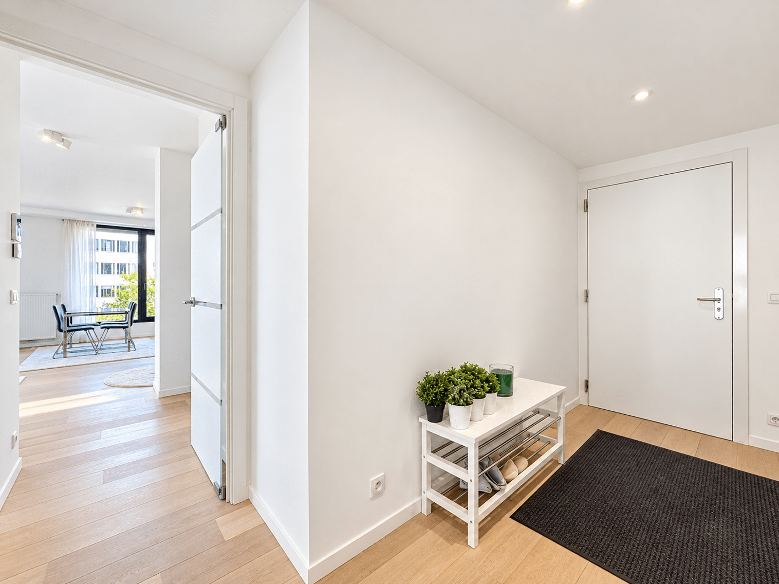 Entrée Lumineuse d’Appartement Moderne – You Real Estate Agency Entrée lumineuse d’appartement moderne avec parquet, plantes et accès au salon.