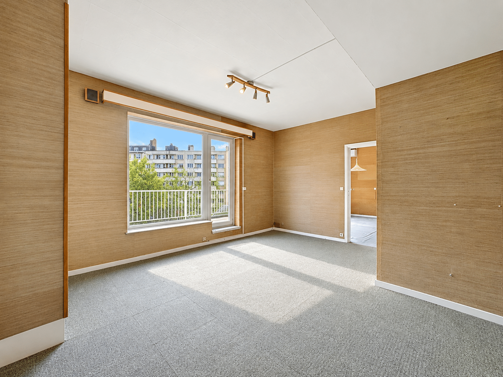 Salon Lumineux avec Balcon – You Real Estate Agency Salon lumineux d’appartement vide avec balcon, grande fenêtre et vue arborée.